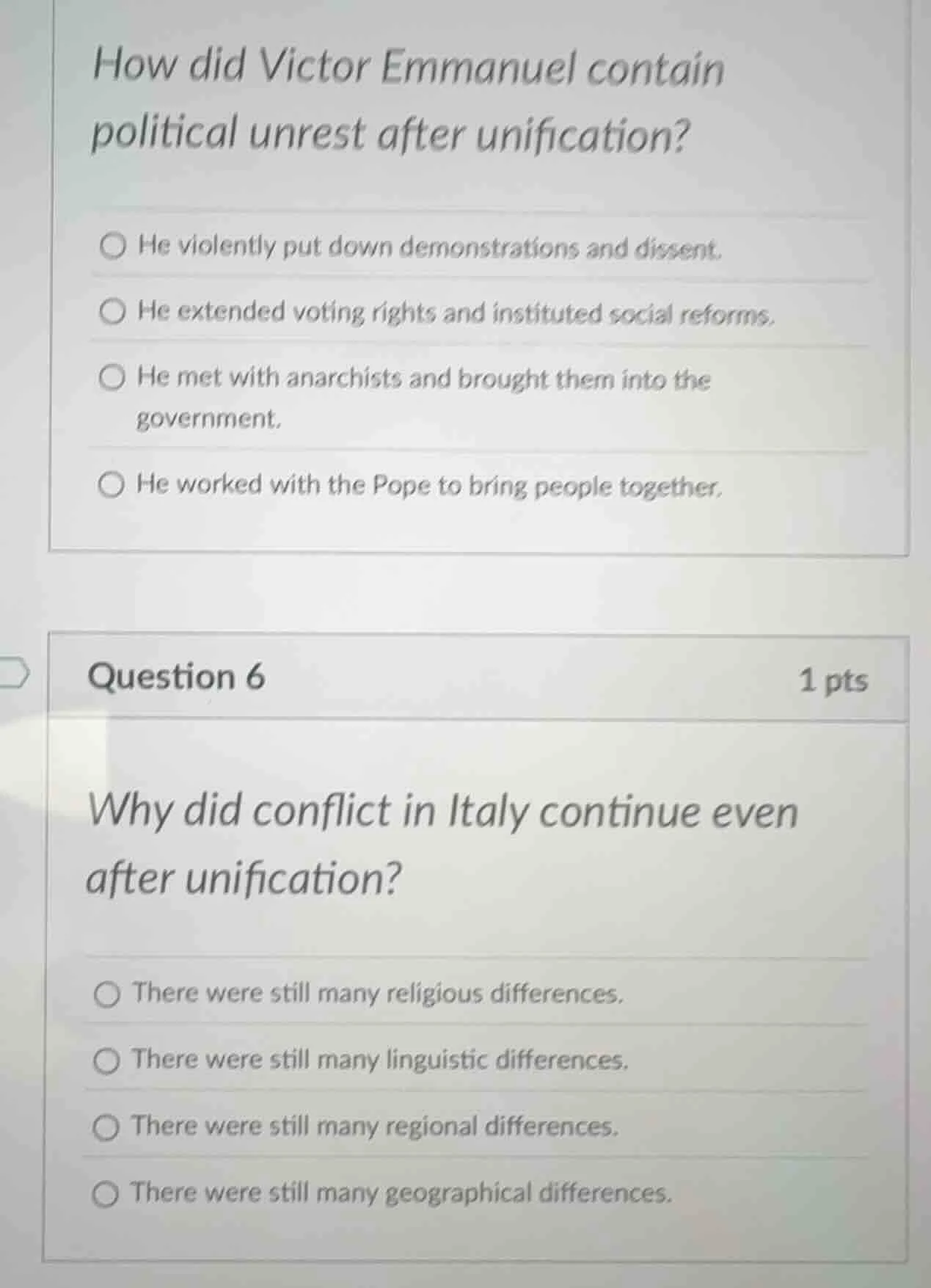 how did victor emmanuel contain political unrest after unification? he …
