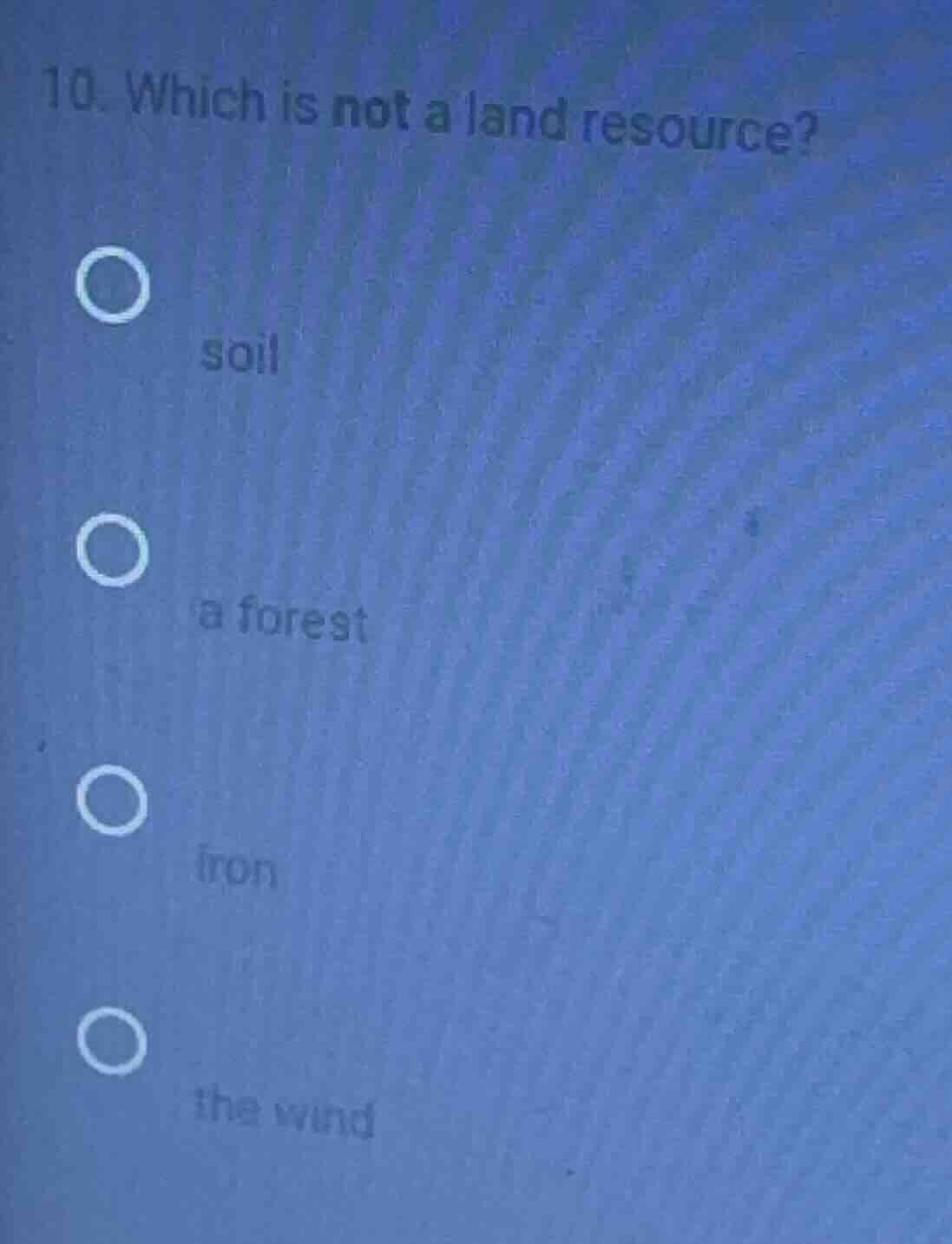 10. which is not a land resource? soil a forest iron the wind