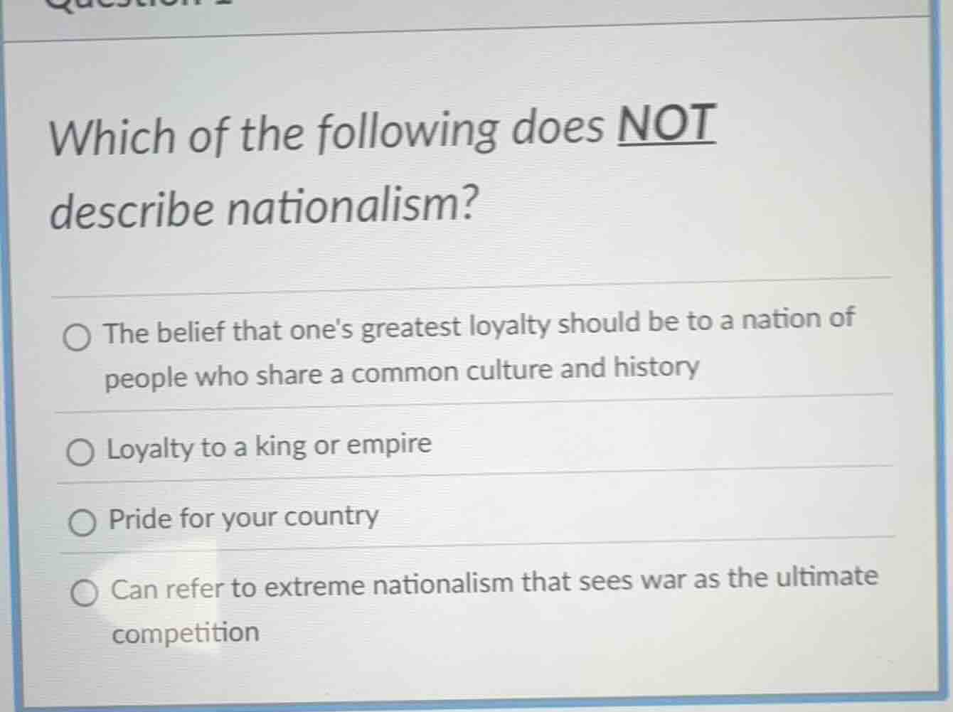which of the following does not describe nationalism? the belief that o…