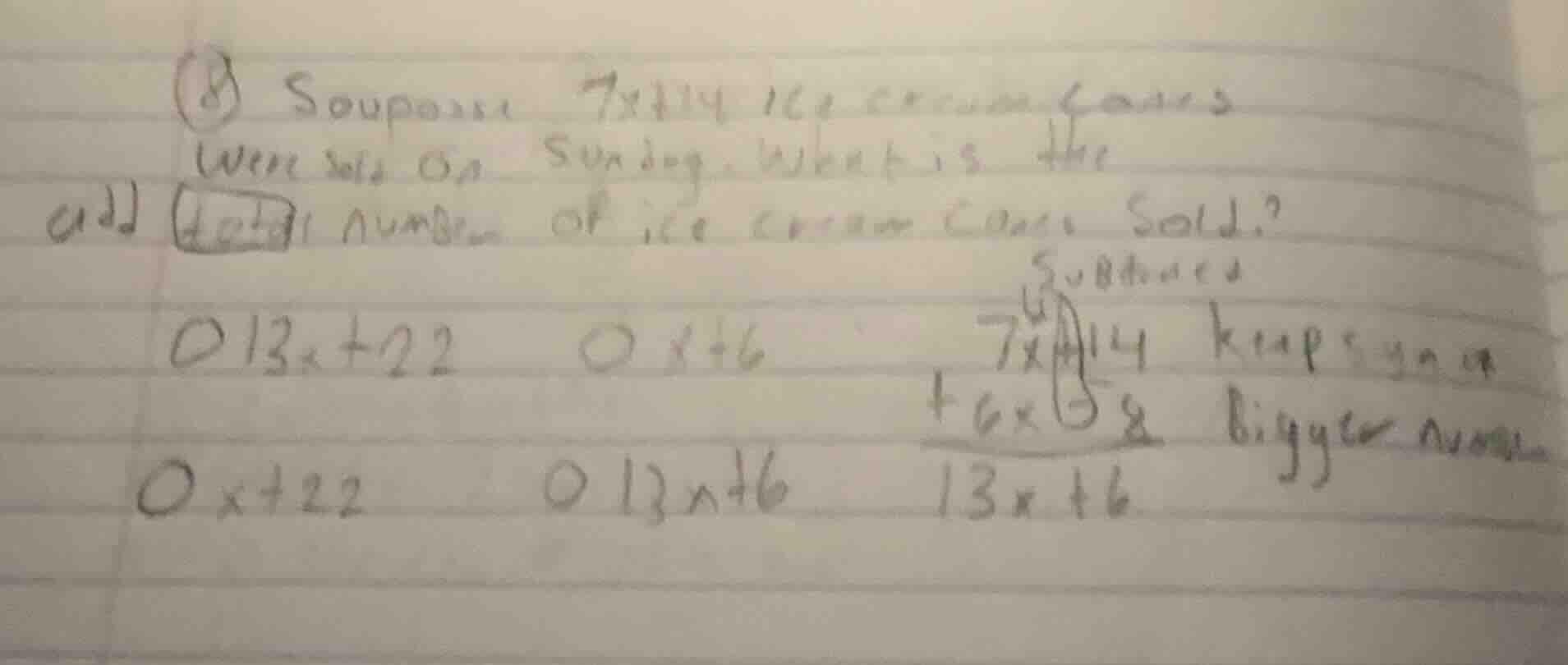 suppose 7x +14 ice cream cones were sold on sunday. what is the total n…