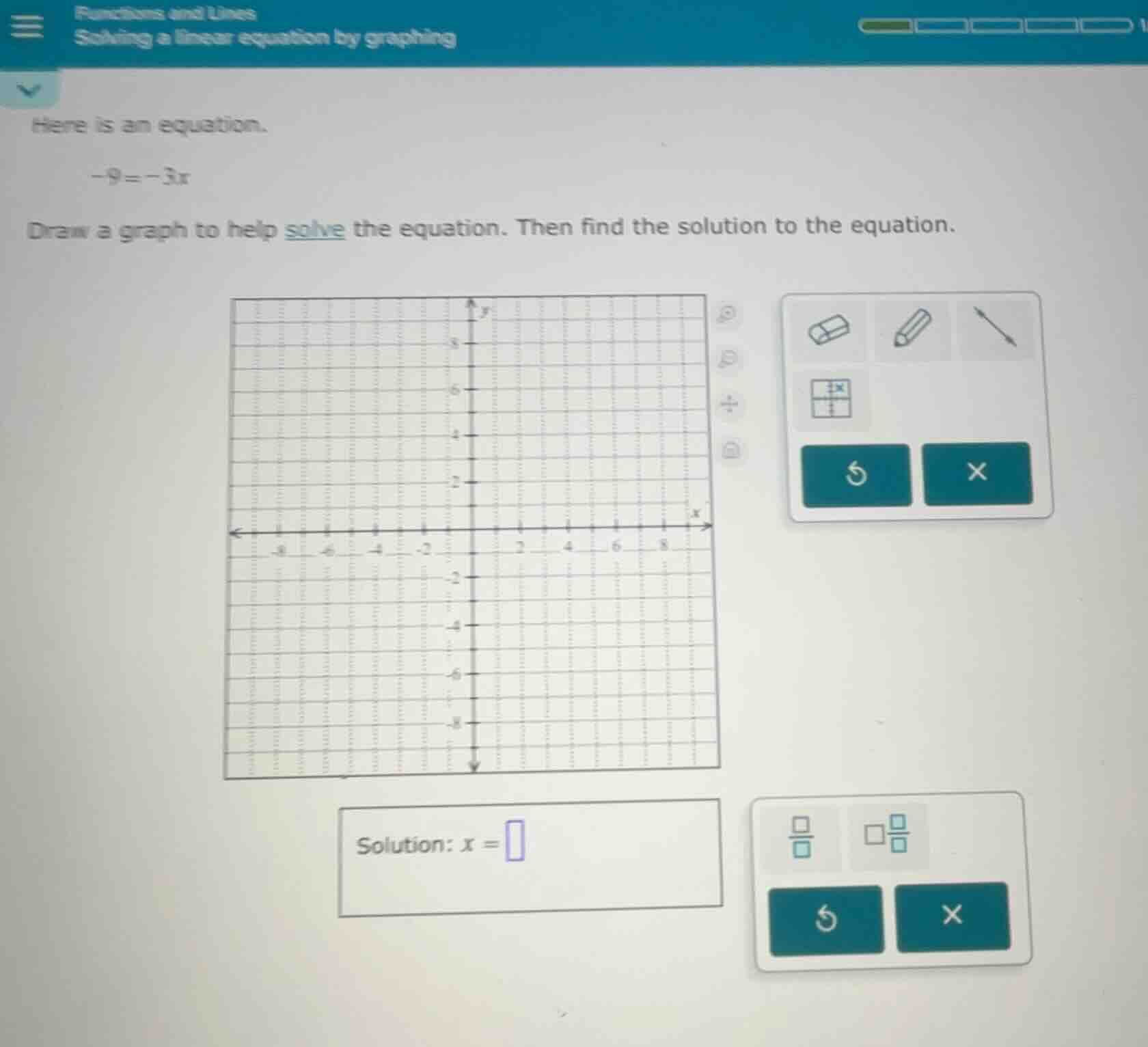 here is an equation. -9 = -3x draw a graph to help solve the equation. …