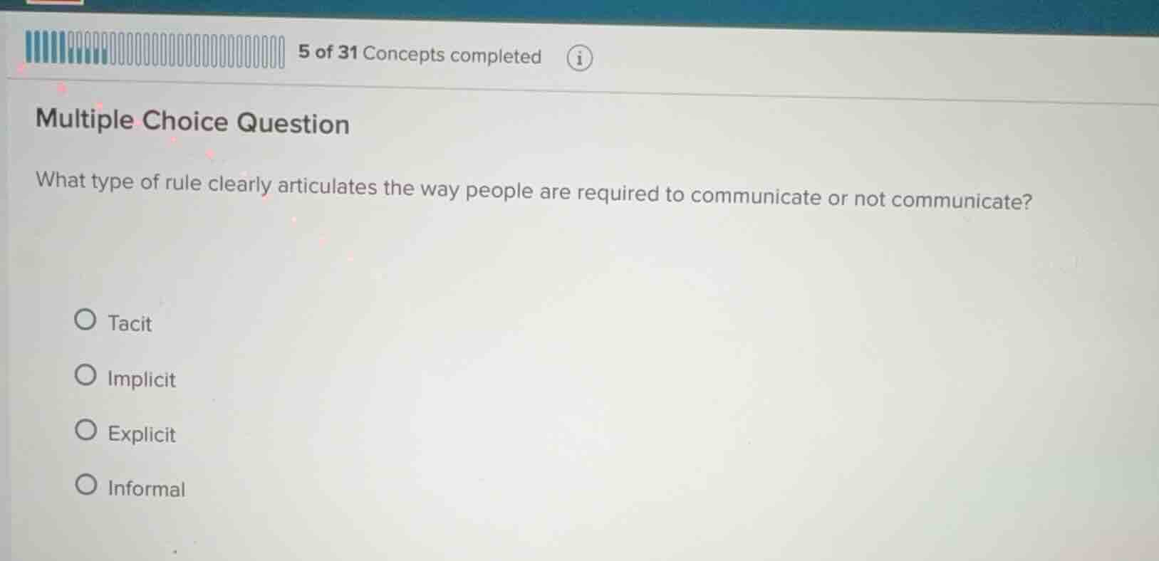 5 of 31 concepts completed multiple choice question what type of rule c…