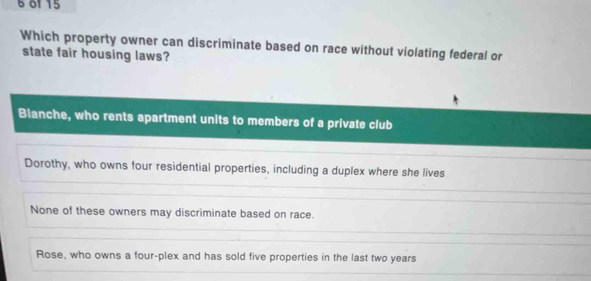 6 of 15 which property owner can discriminate based on race without vio…