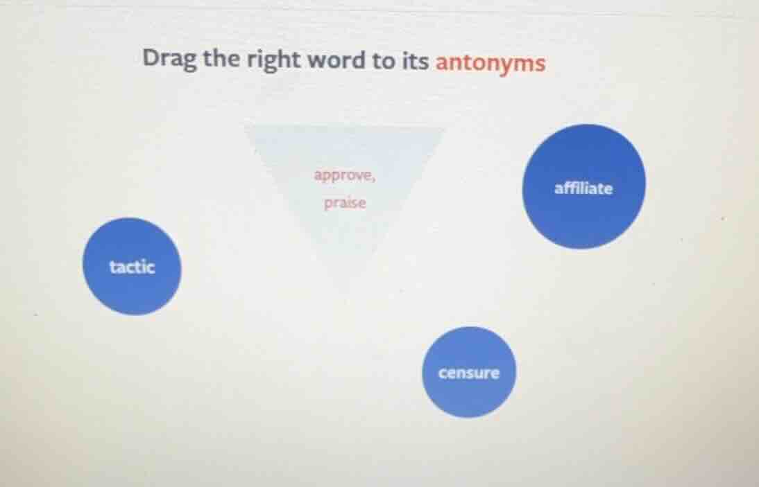 drag the right word to its antonyms approve, praise tactic affiliate ce…