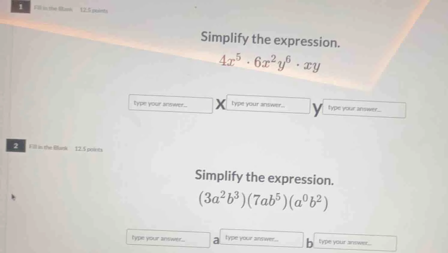 1 fill in the blank 12.5 points simplify the expression. $4x^{5} \\cdot…