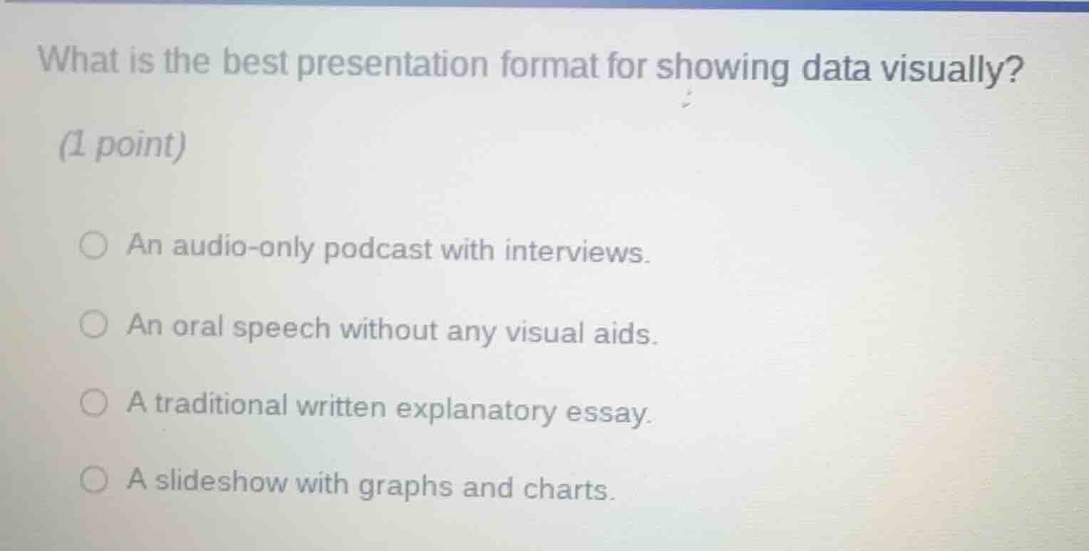 what is the best presentation format for showing data visually? (1 poin…