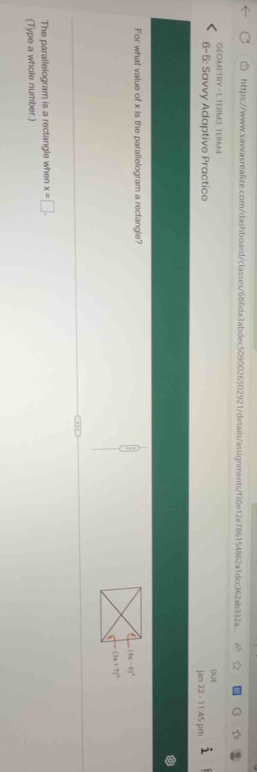 for what value of x is the parallelogram a rectangle? the parallelogram…