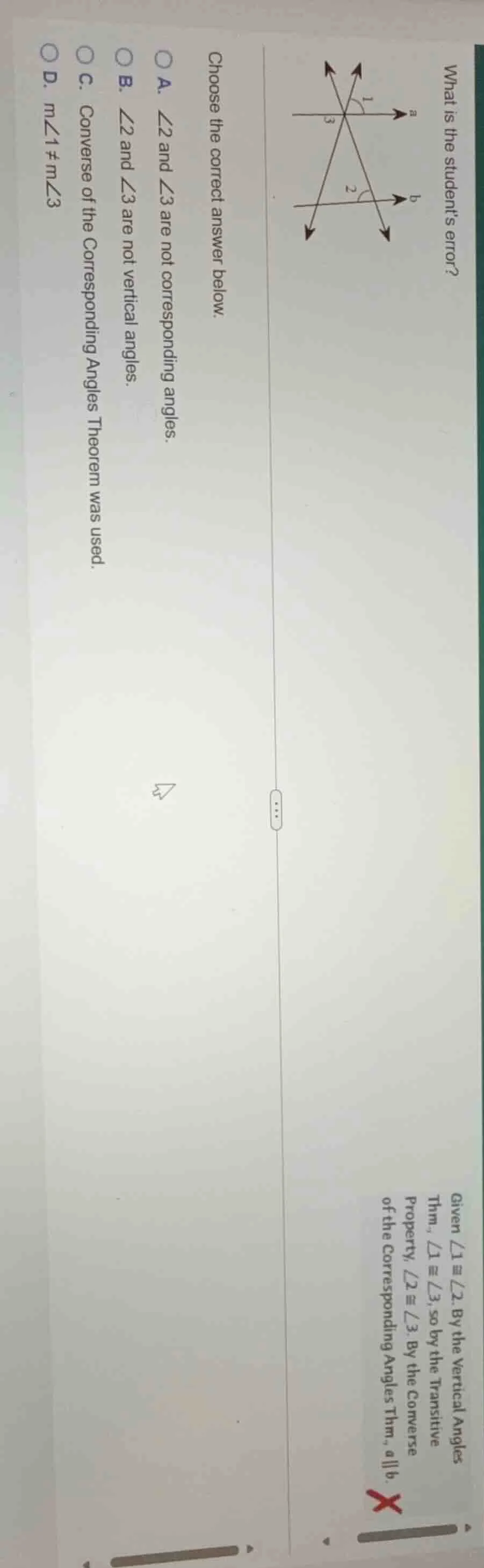 what is the students error? given ∠1 ≅ ∠2. by the vertical angles thm, …