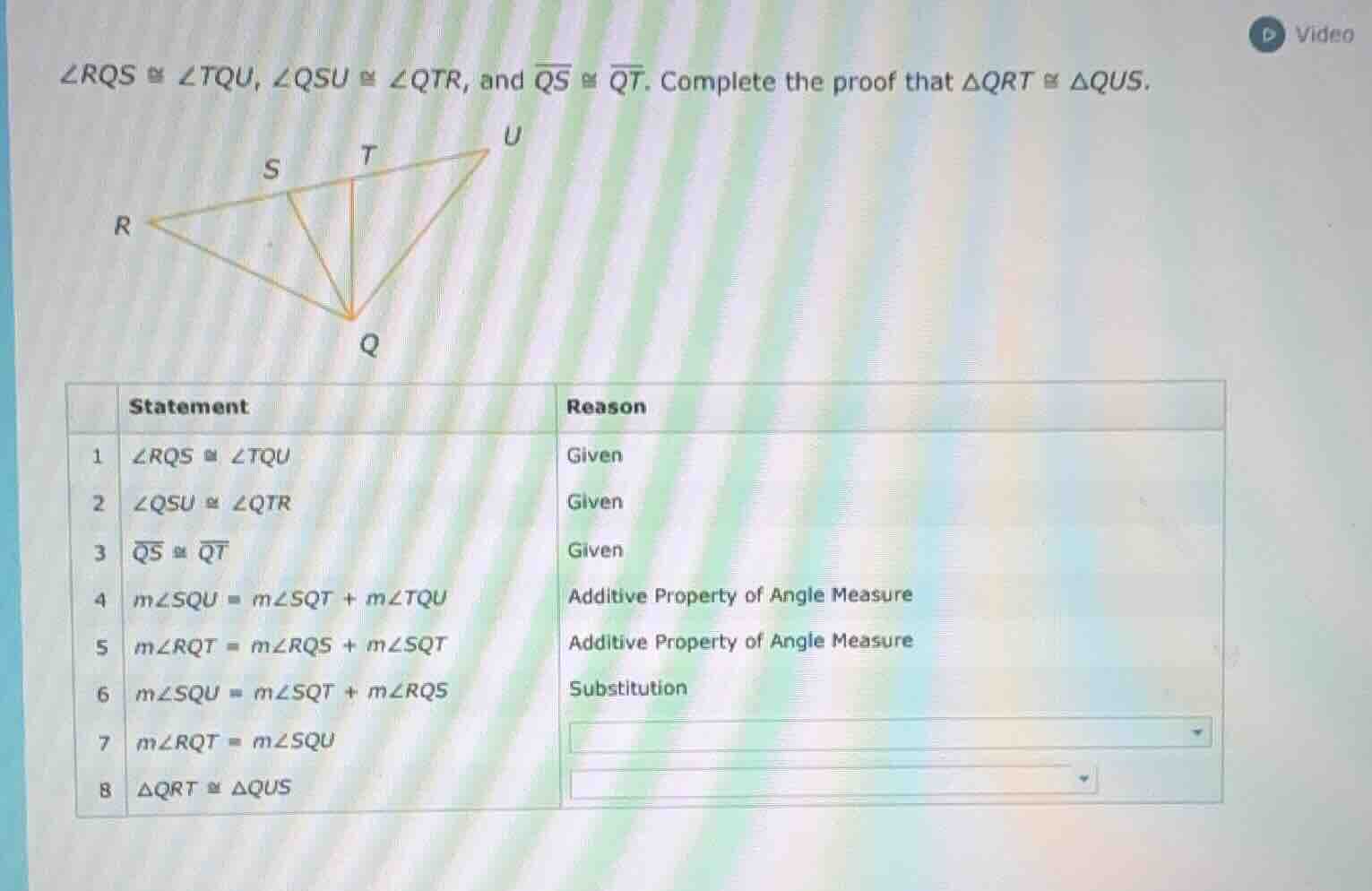 $\\angle rqs \\cong \\angle tqu$, $\\angle qsu \\cong \\angle qtr$, and…