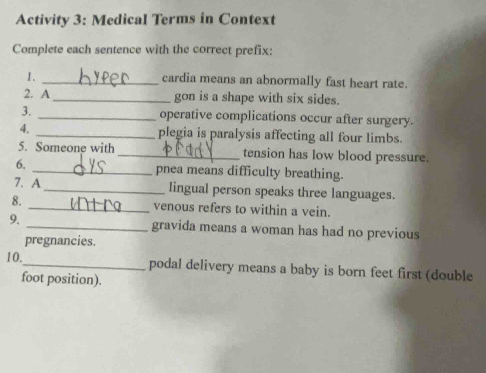 activity 3: medical terms in context complete each sentence with the co…