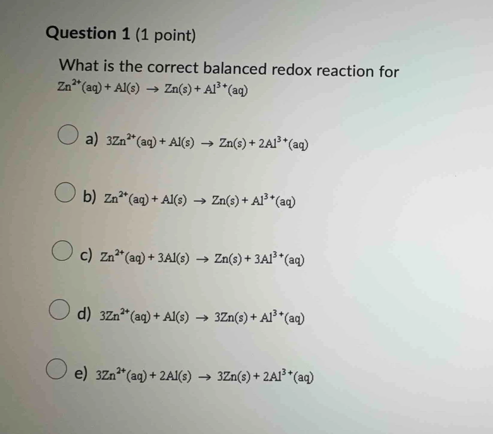 question 1 (1 point) what is the correct balanced redox reaction for $m…