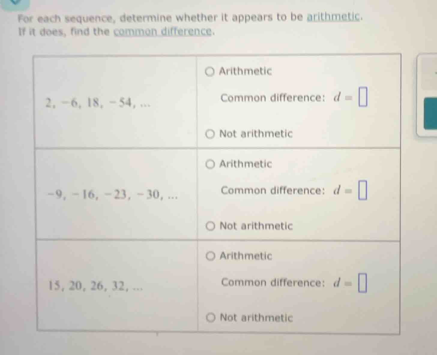 for each sequence, determine whether it appears to be arithmetic. if it…
