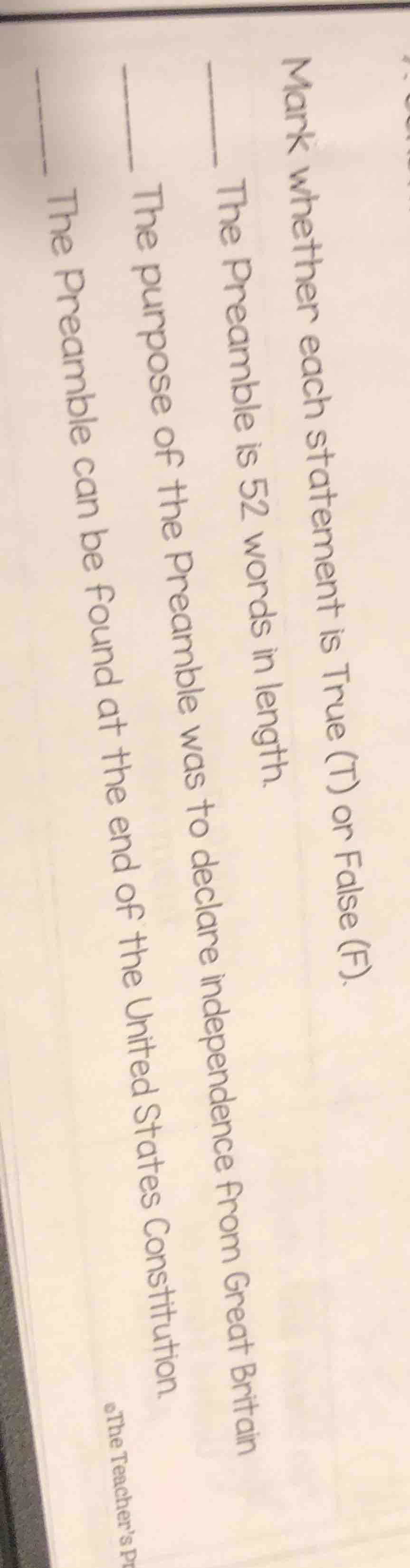 mark whether each statement is true (t) or false (f). the preamble is 5…