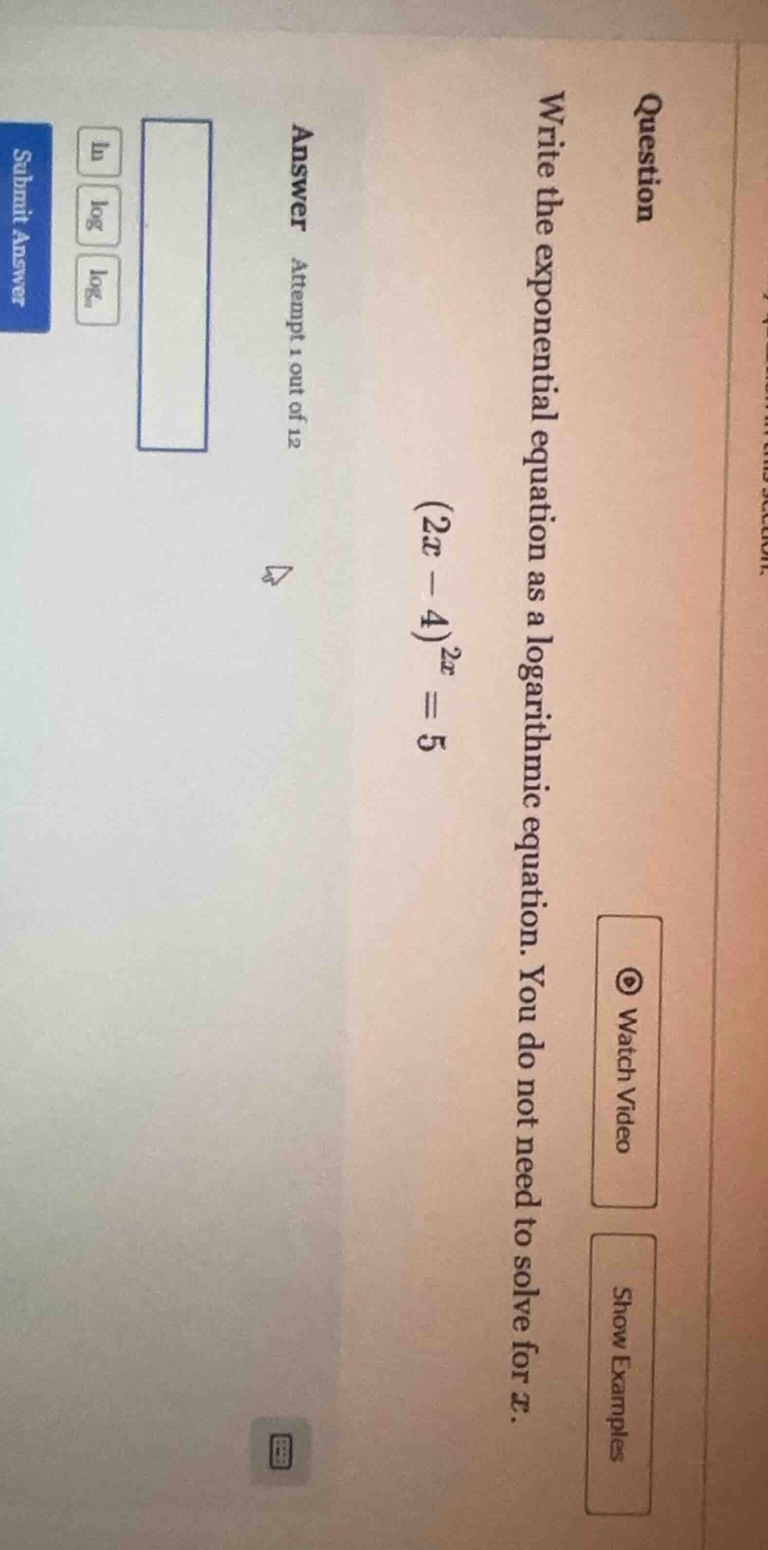 question write the exponential equation as a logarithmic equation. you …