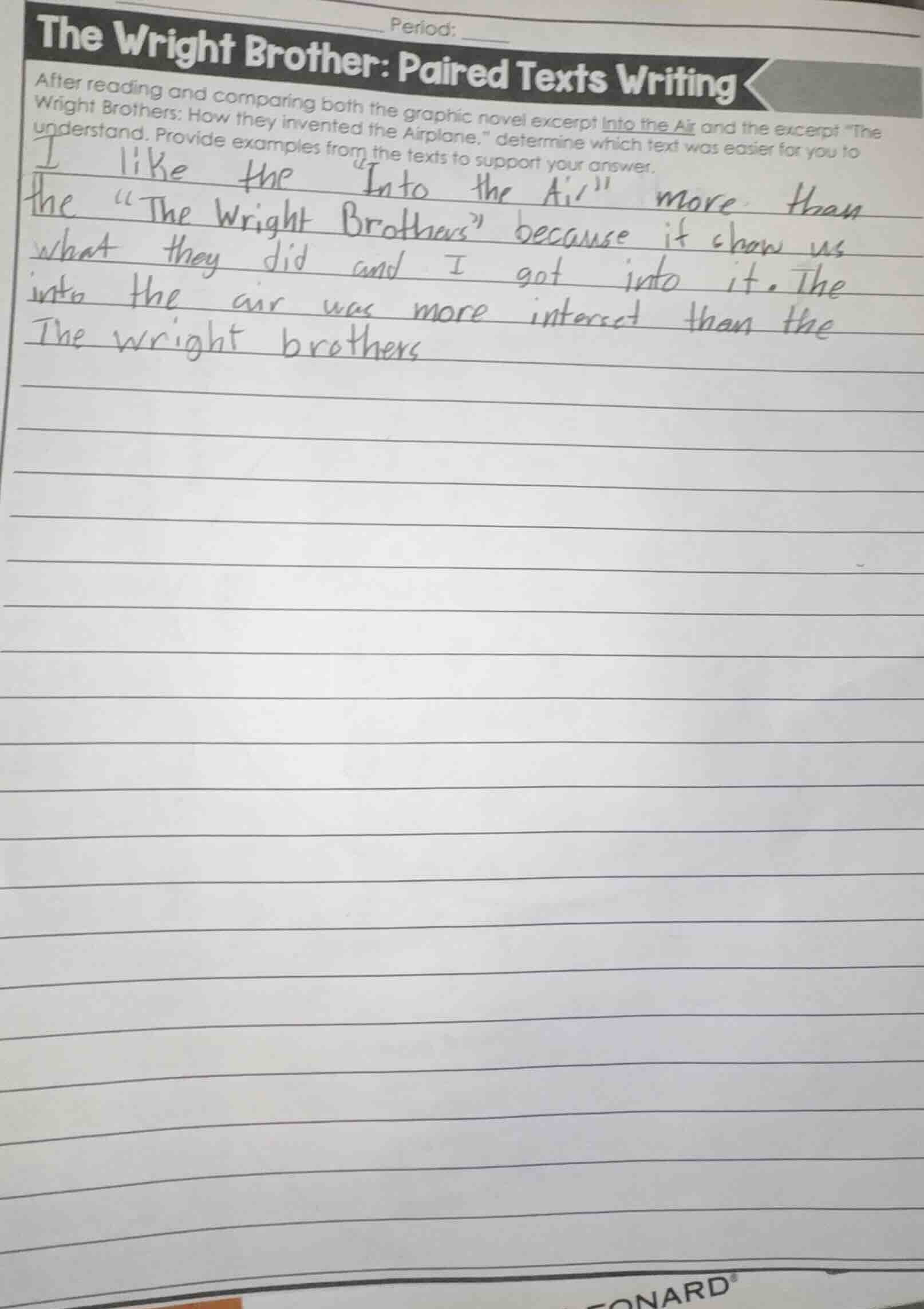 period: the wright brother: paired texts writing after reading and comp…