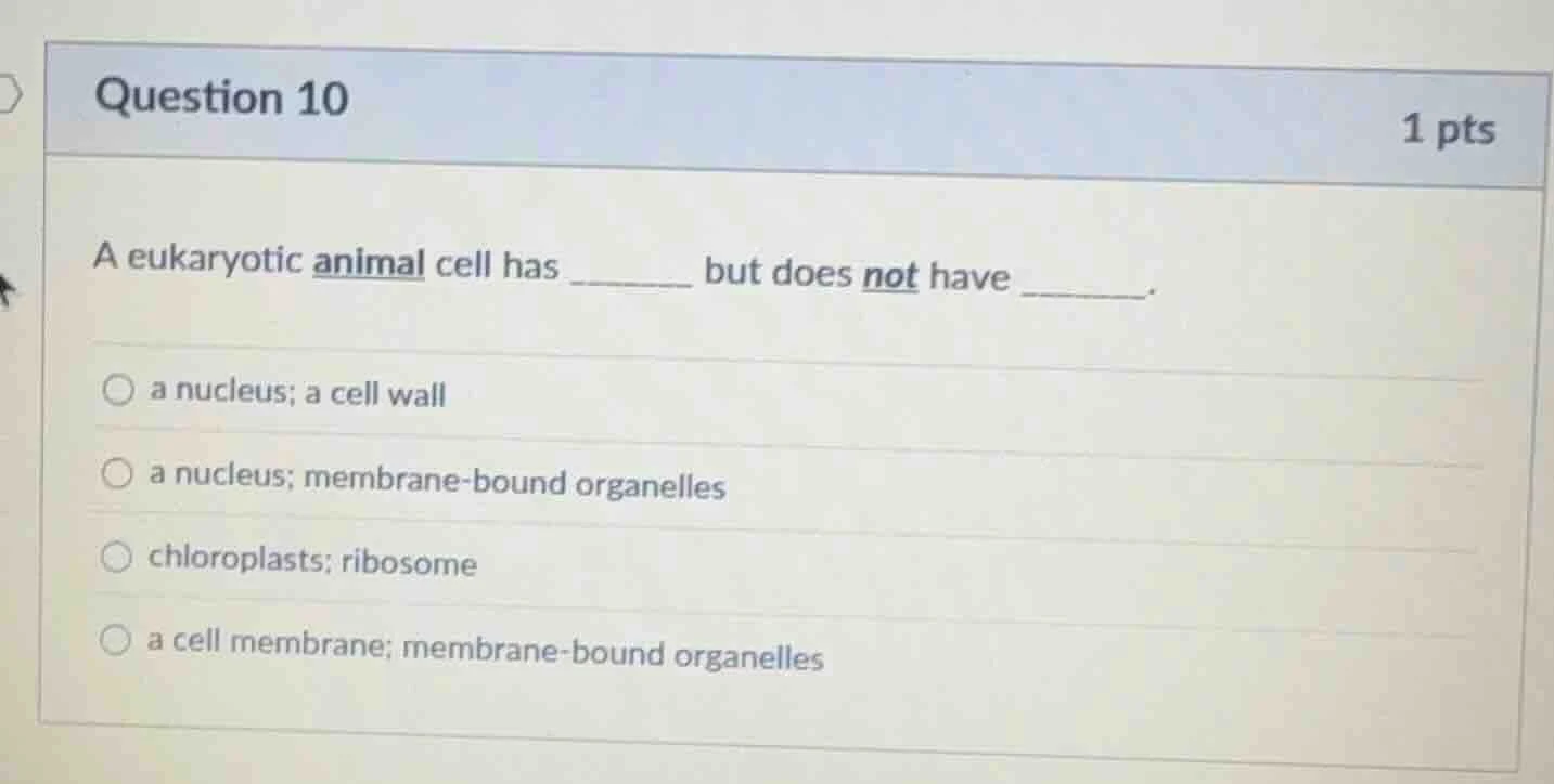 question 10 1 pts a eukaryotic animal cell has ______ but does not have…