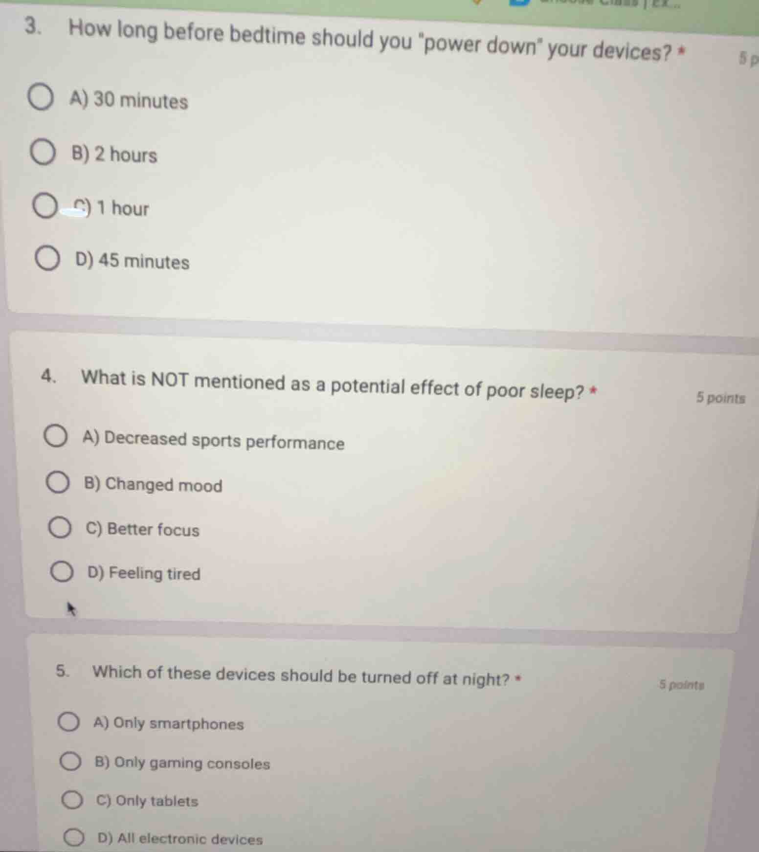 3. how long before bedtime should you power down your devices? * a) 30 …