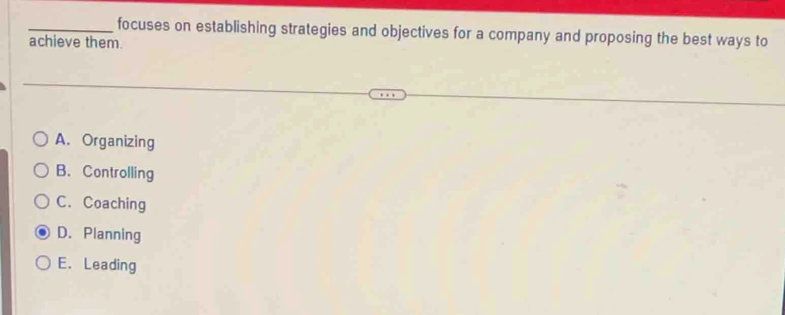 ______ focuses on establishing strategies and objectives for a company …