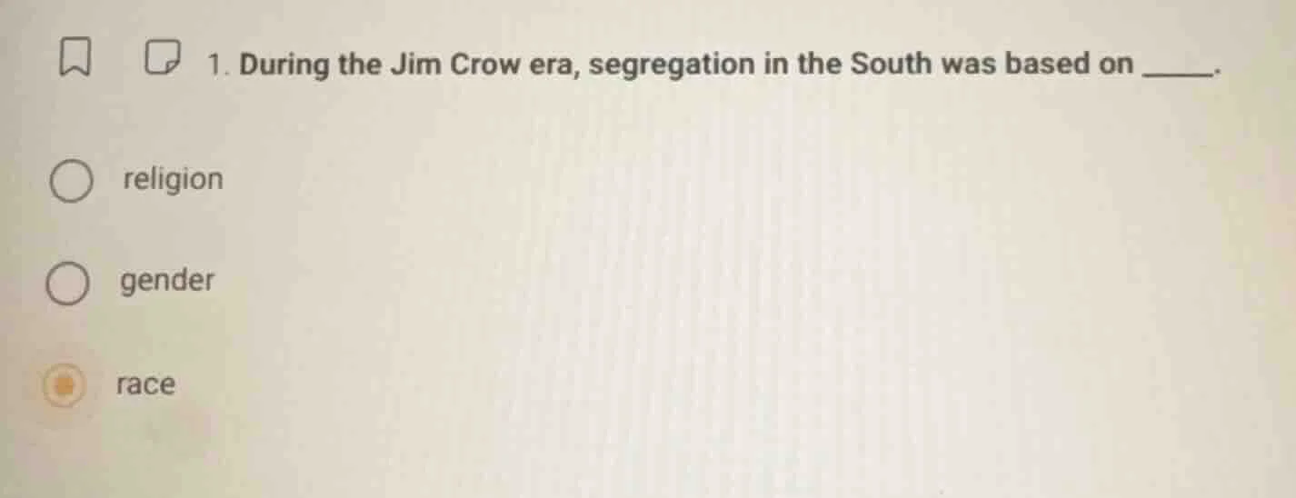 1. during the jim crow era, segregation in the south was based on _____…