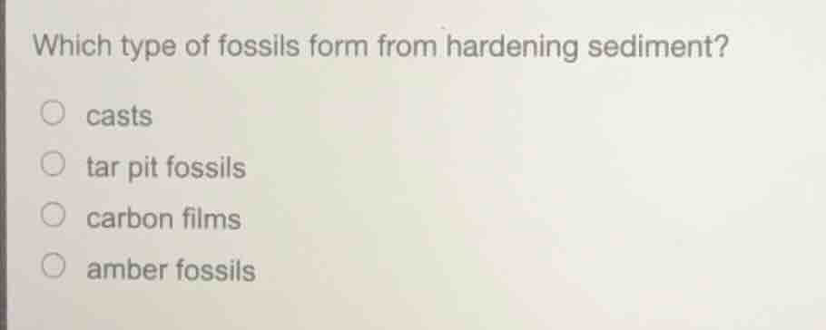 which type of fossils form from hardening sediment? casts tar pit fossi…