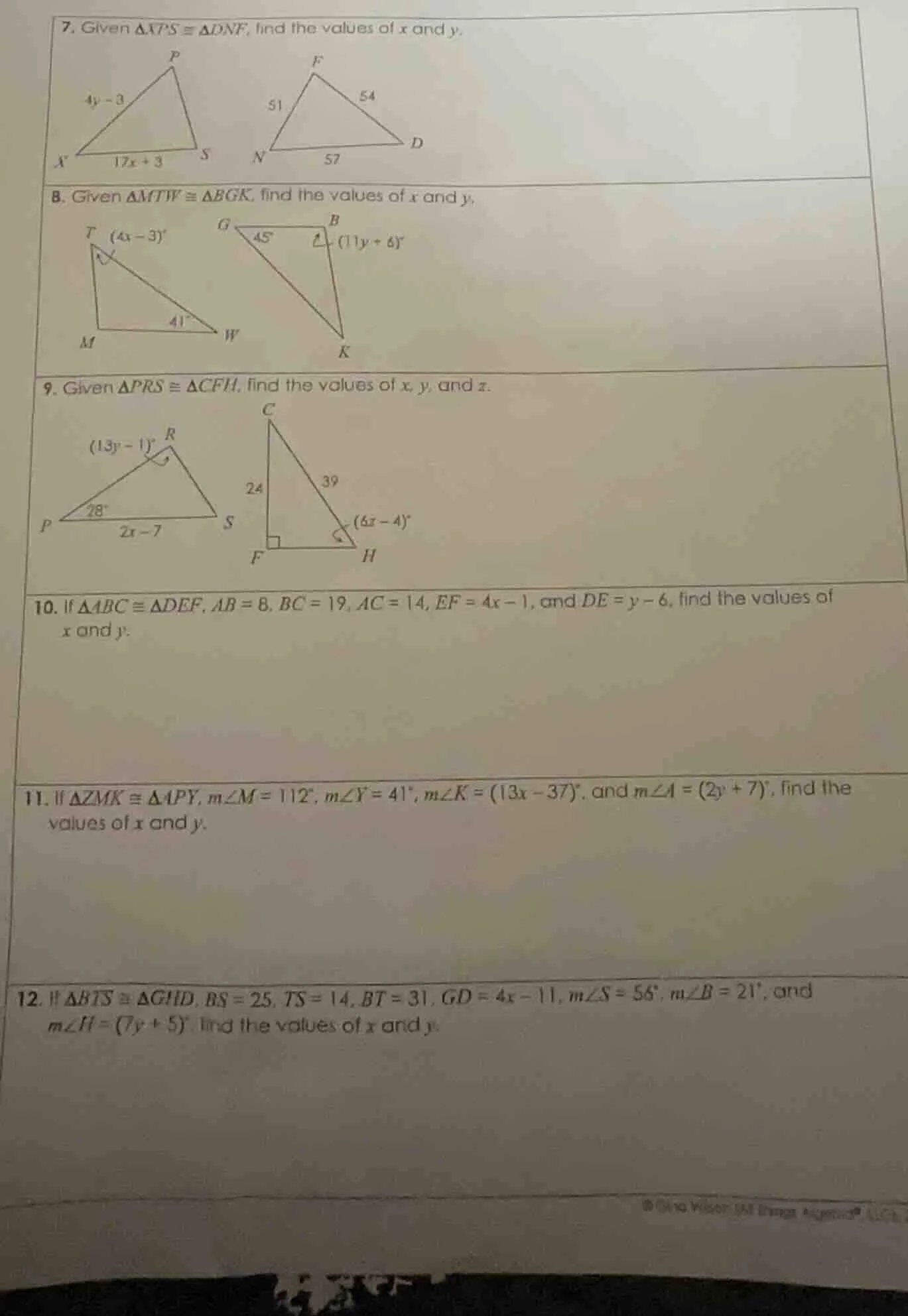 7. given $\\triangle xps \\cong \\triangle dnf$, find the values of $x$…