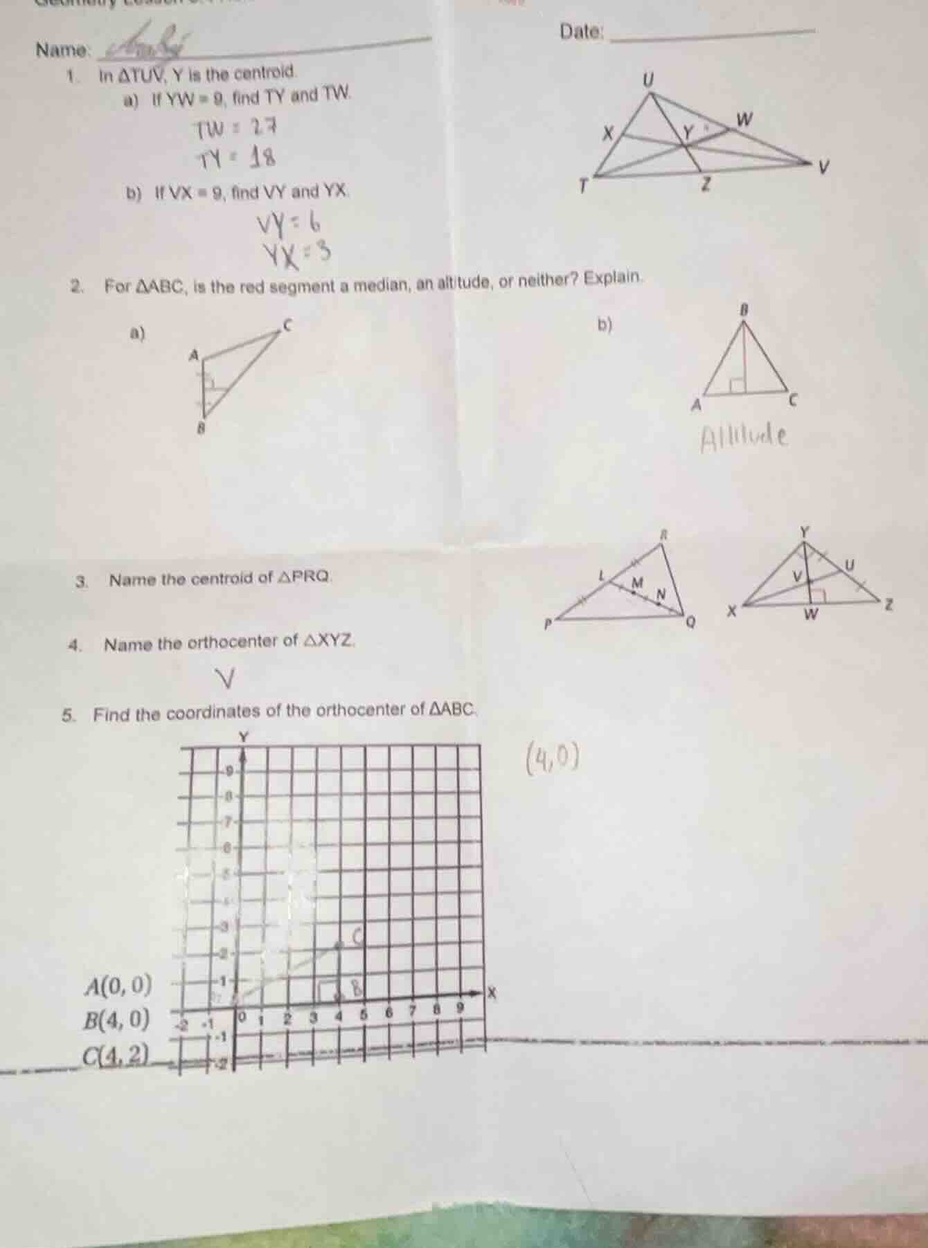 name: date: 1. in δtuv, y is the centroid. a) if yw = 9, find ty and tw…