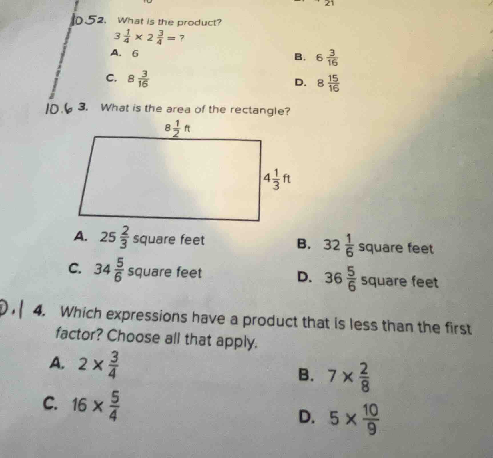d 52. what is the product? $3 \\frac{1}{4} \\times 2 \\frac{3}{4} = ?$ …