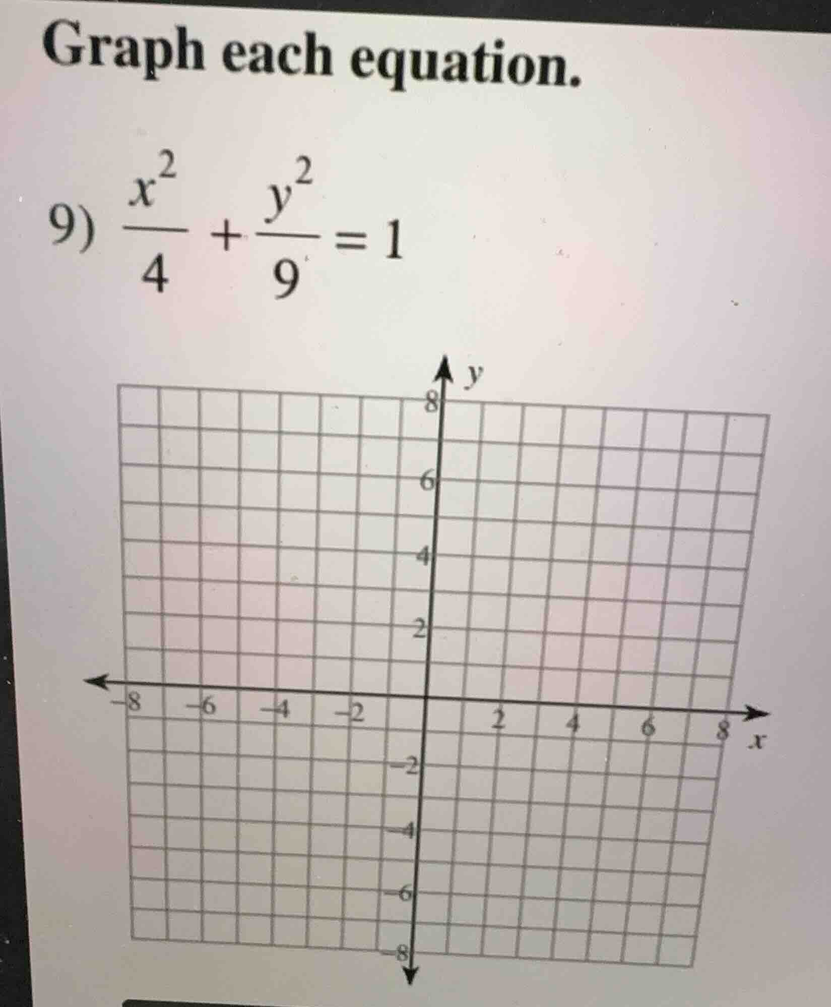 graph each equation. 9) \\(\frac{x^2}{4} + \frac{y^2}{9} = 1\\)
