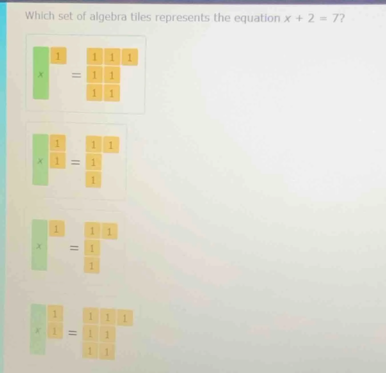 which set of algebra tiles represents the equation $x + 2 = 7$?