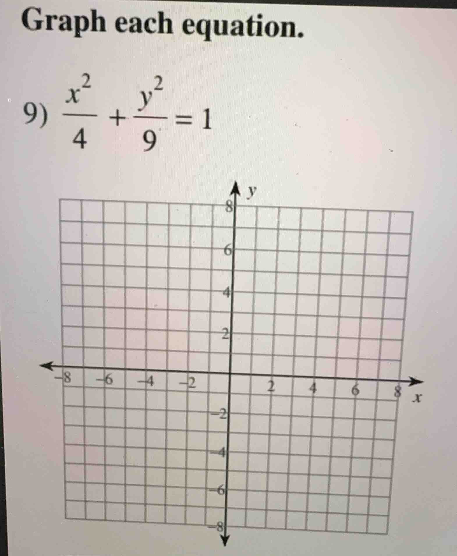 graph each equation. 9) \\(\\frac{x^2}{4} + \\frac{y^2}{9} = 1\\)