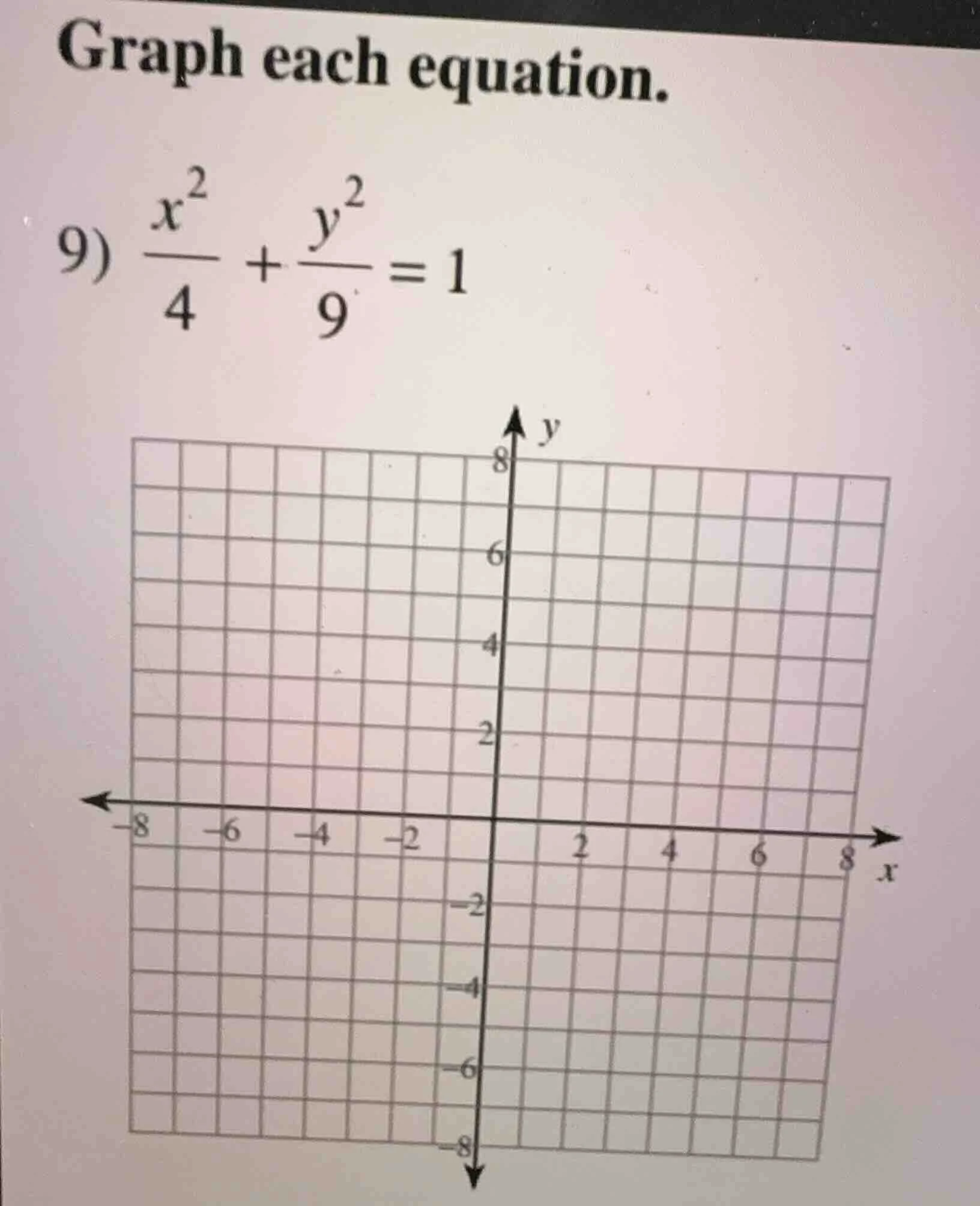 graph each equation. 9) \\(\\frac{x^2}{4} + \\frac{y^2}{9} = 1\\)