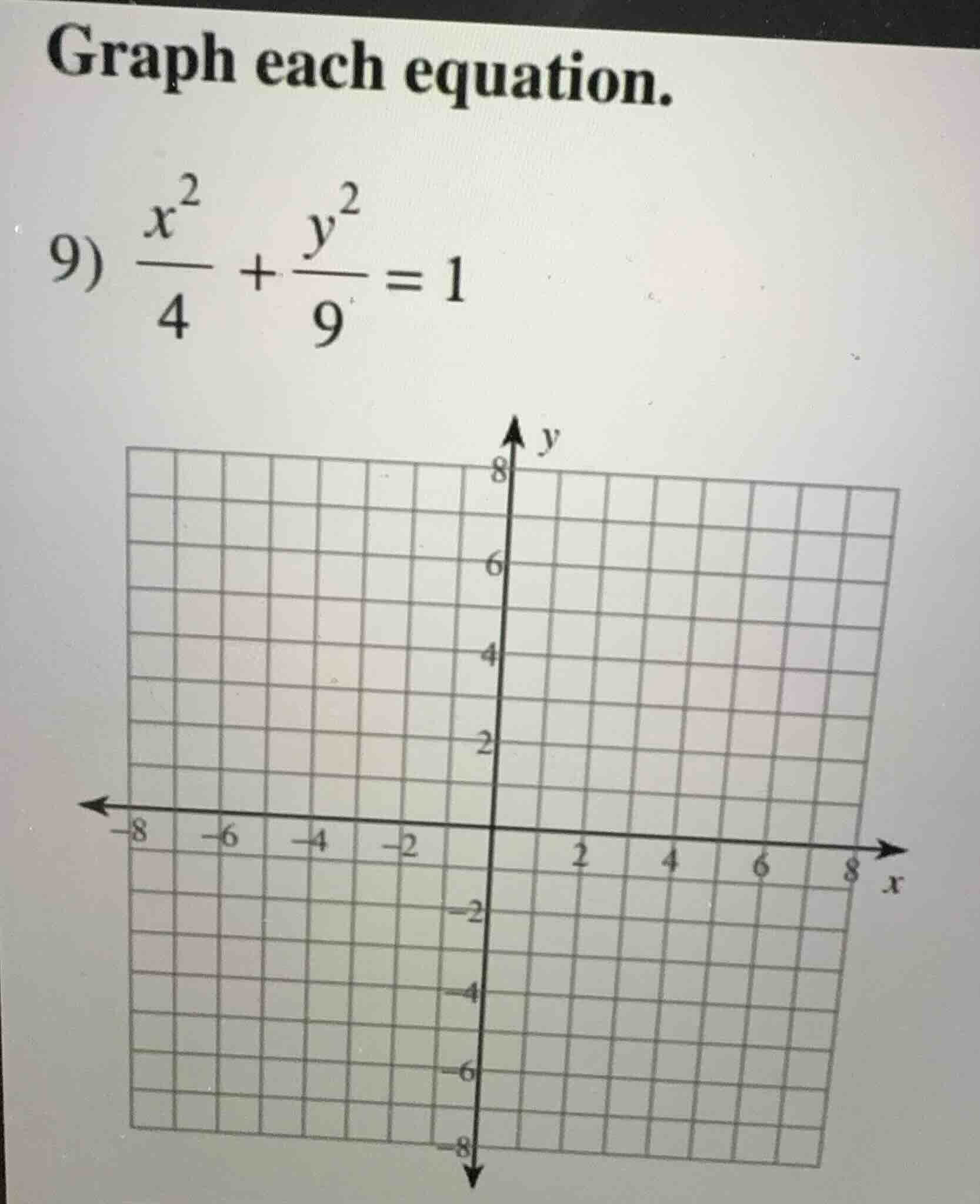 graph each equation. 9) \\(\\frac{x^2}{4} + \\frac{y^2}{9} = 1\\)