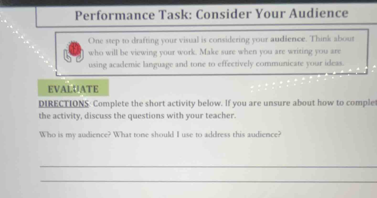 performance task: consider your audience one step to drafting your visu…