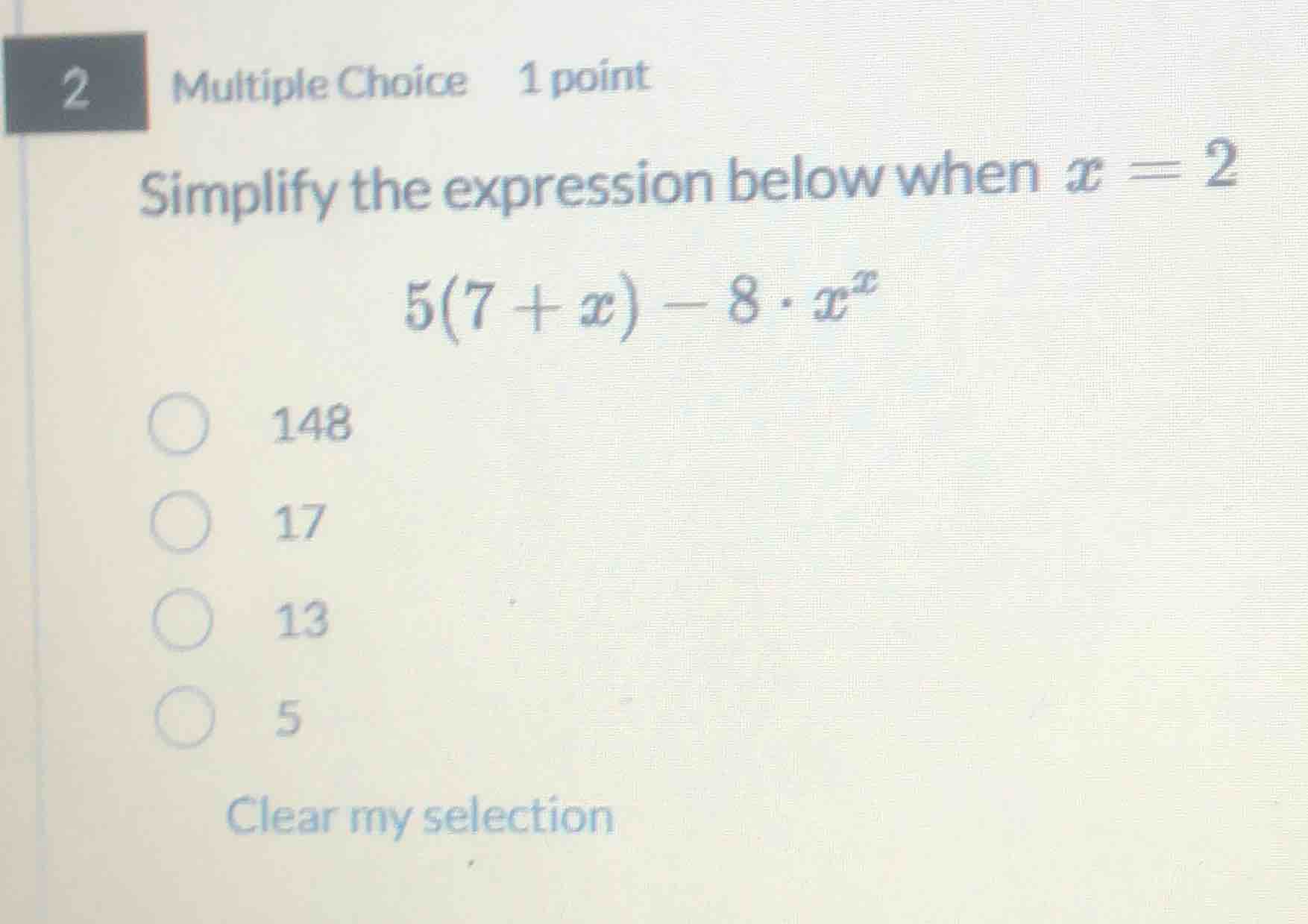 2 multiple choice 1 point simplify the expression below when $x = 2$ $5…