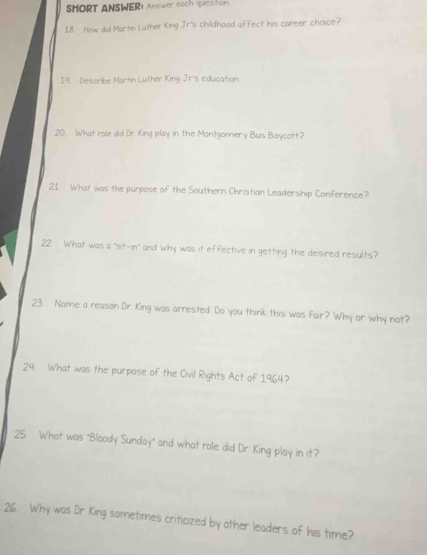 short answer: answer each question 18. how did martin luther king jrs c…