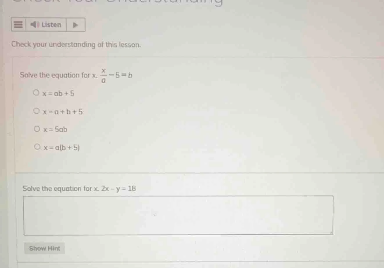 check your understanding of this lesson. solve the equation for x. \\(\…