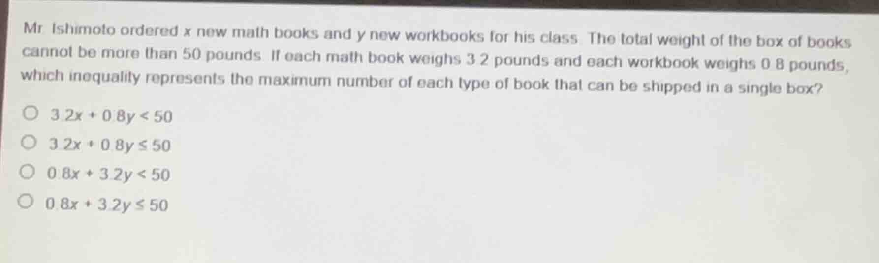 mr ishimoto ordered x new math books and y new workbooks for his class.…
