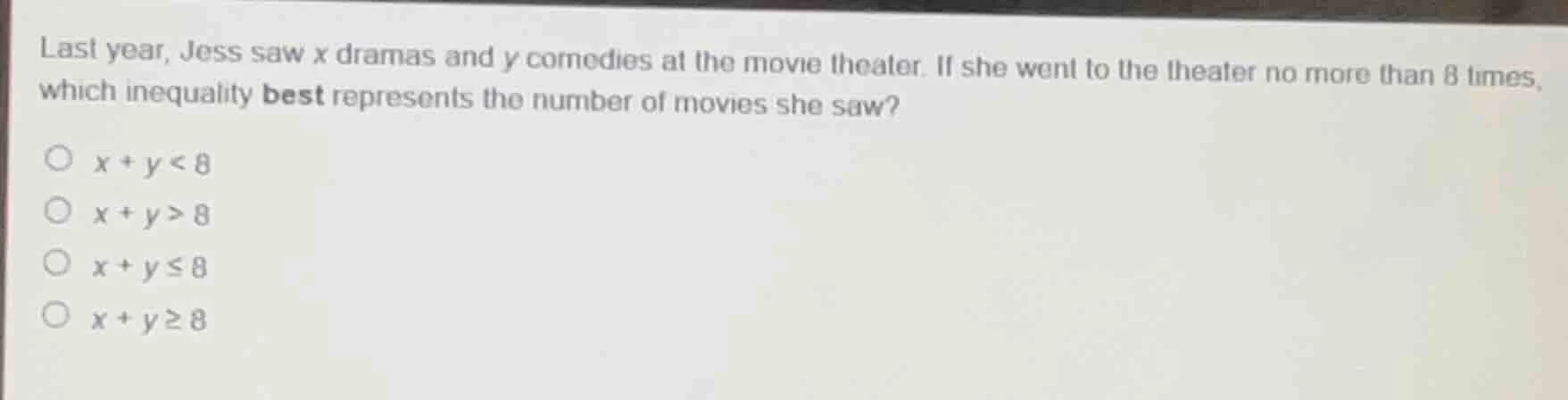 last year, jess saw x dramas and y comedies at the movie theater. if sh…