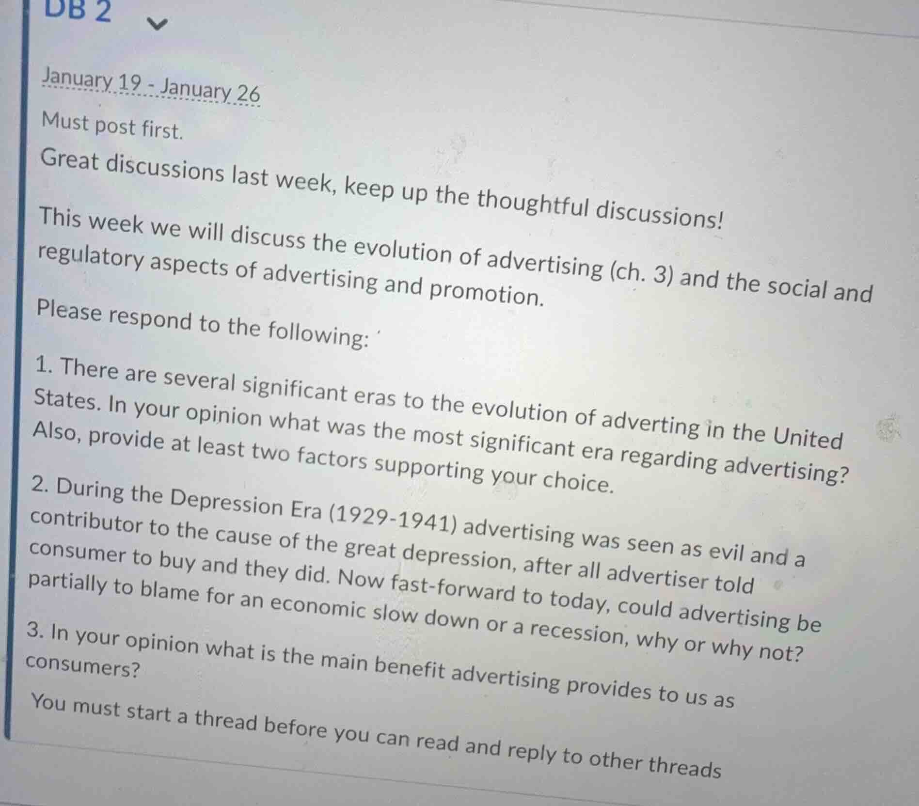 db 2 january 19 - january 26 must post first. great discussions last we…