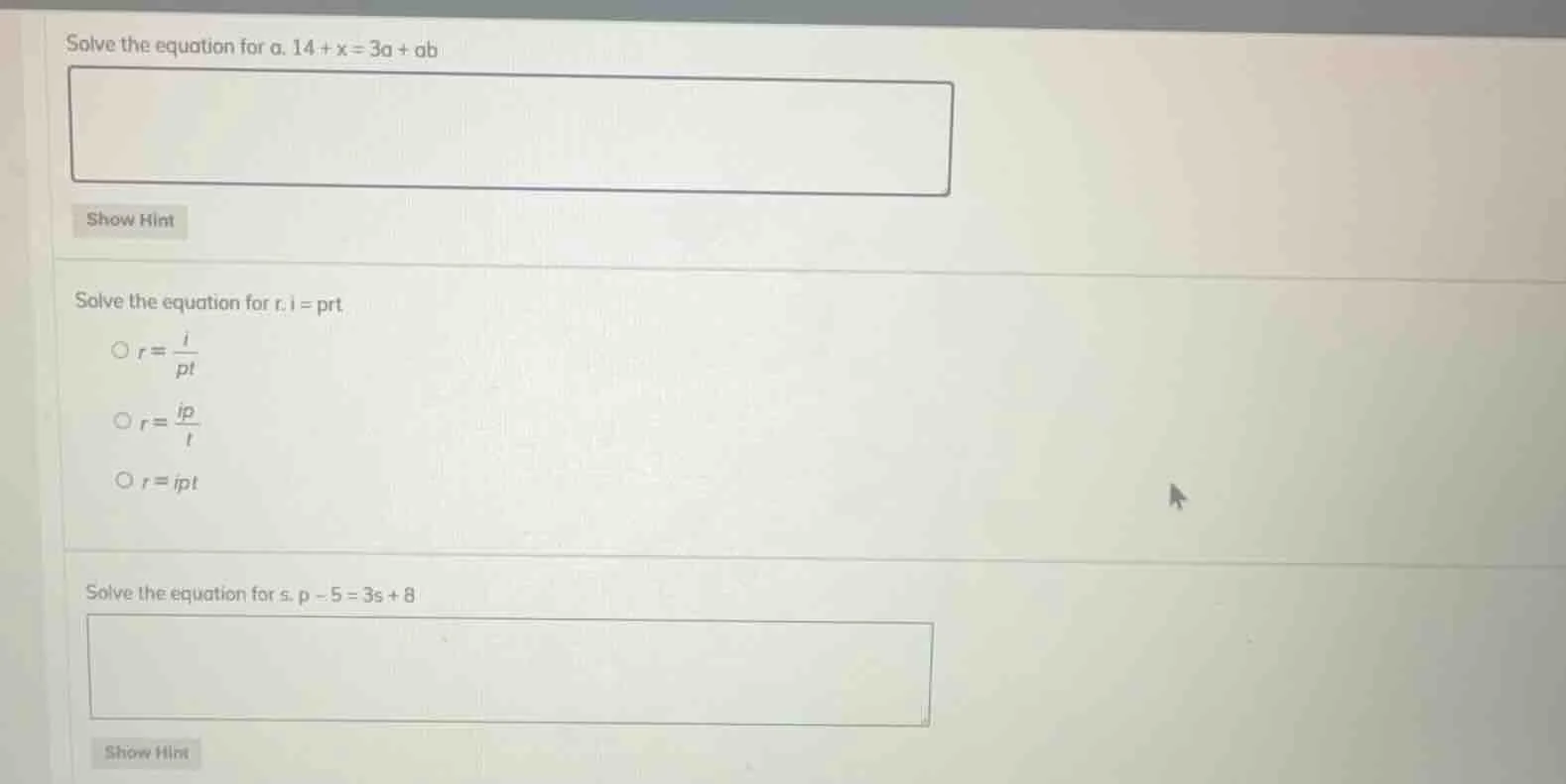 solve the equation for a. 14 + x = 3a + ab show hint solve the equation…