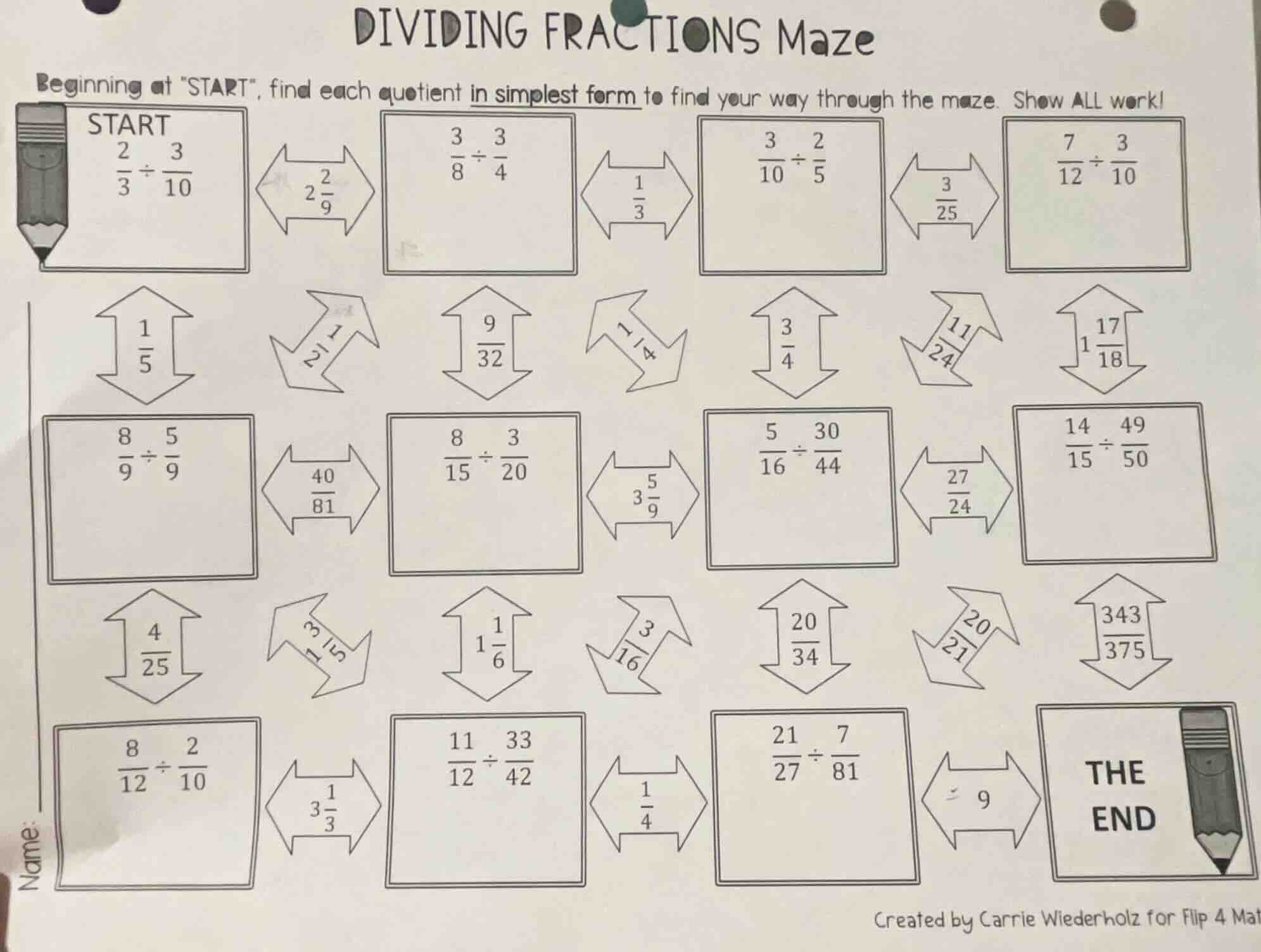 dividing fractions maze beginning at \start\, find each quotient in sim…