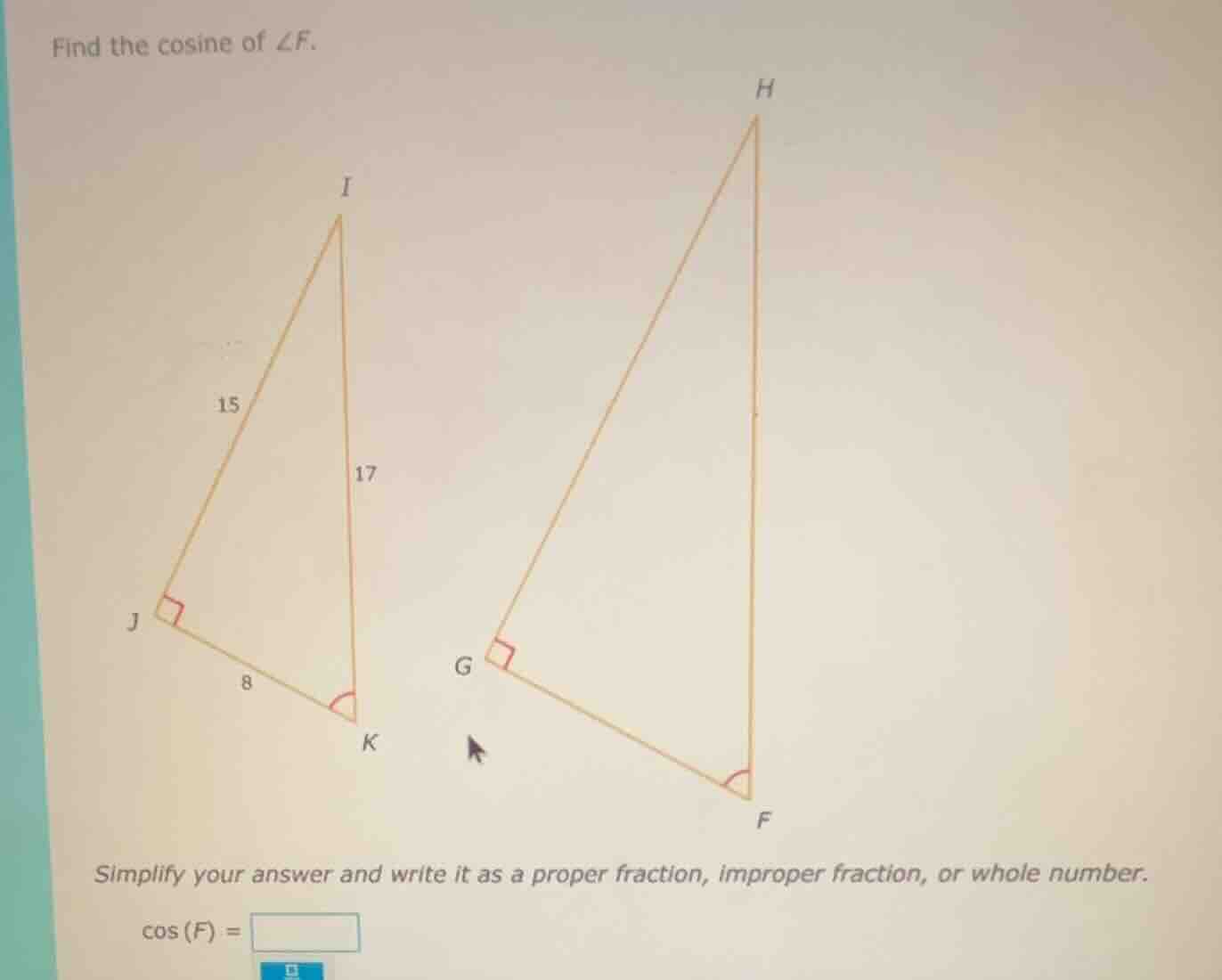 find the cosine of $\\angle f$. simplify your answer and write it as a …