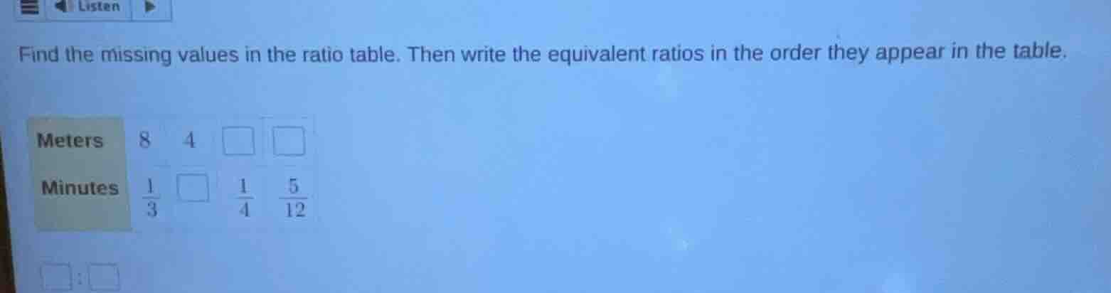 find the missing values in the ratio table. then write the equivalent r…
