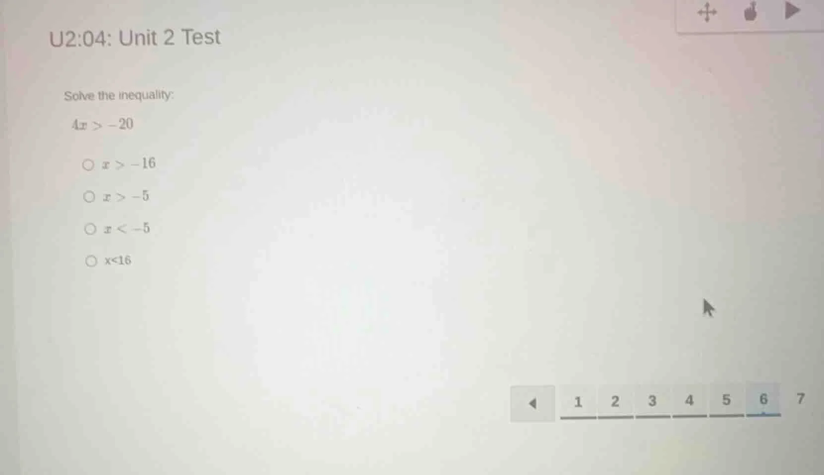u2:04: unit 2 test solve the inequality: $4x > -20$ $\\circ\\ x > -16$ …