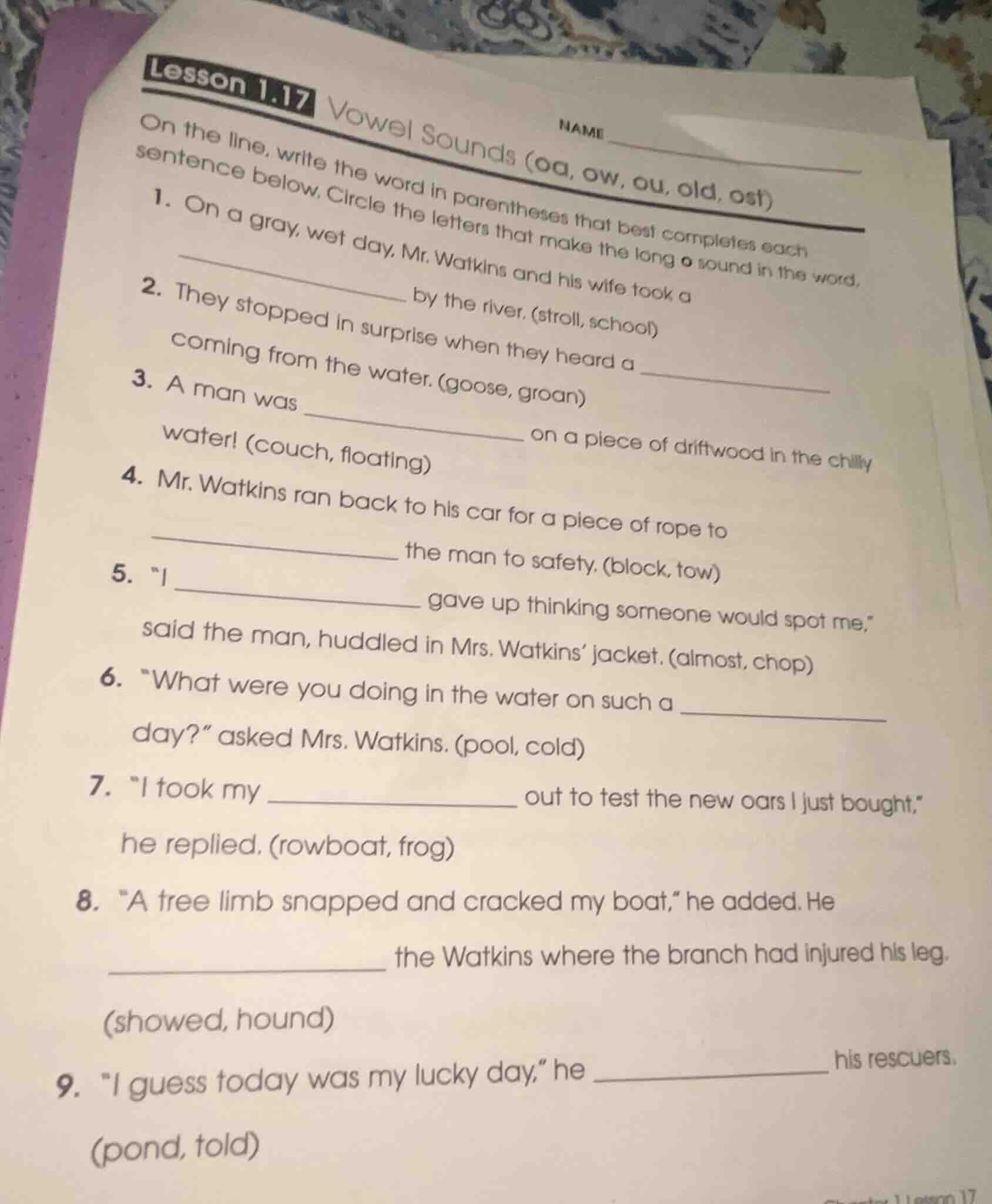 lesson 1.17 vowel sounds (oa, ow, ou, old, ost) name on the line, write…