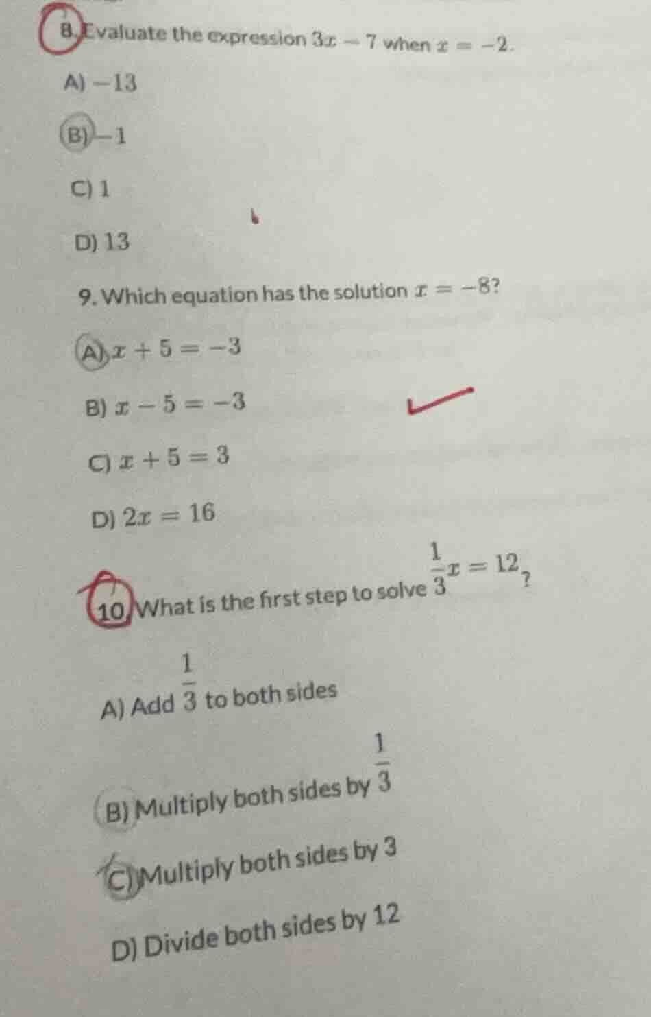 8. evaluate the expression ( 3x - 7 ) when ( x = -2 ). a) ( -13 ) b) ( …