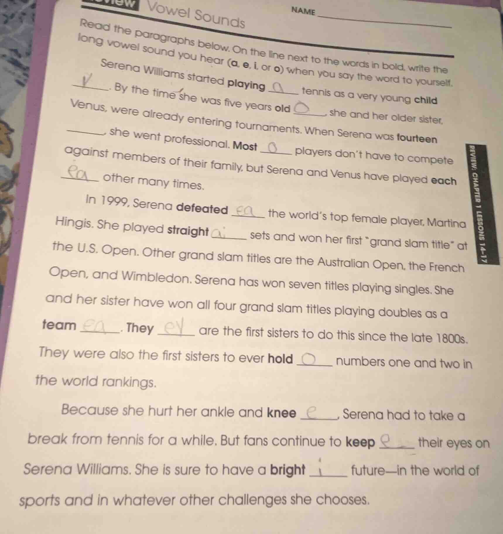 vowel sounds name read the paragraphs below. on the line next to the wo…