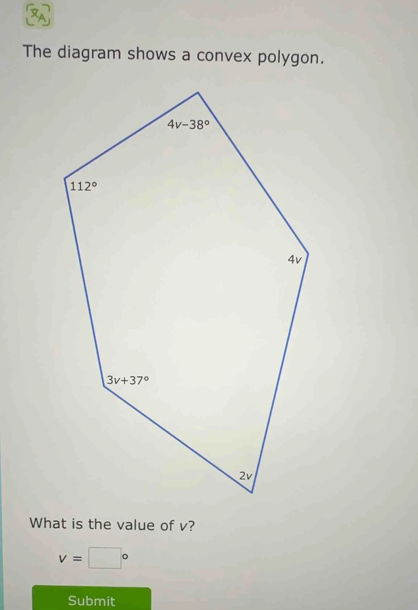 the diagram shows a convex polygon. what is the value of v? v = \\squar…
