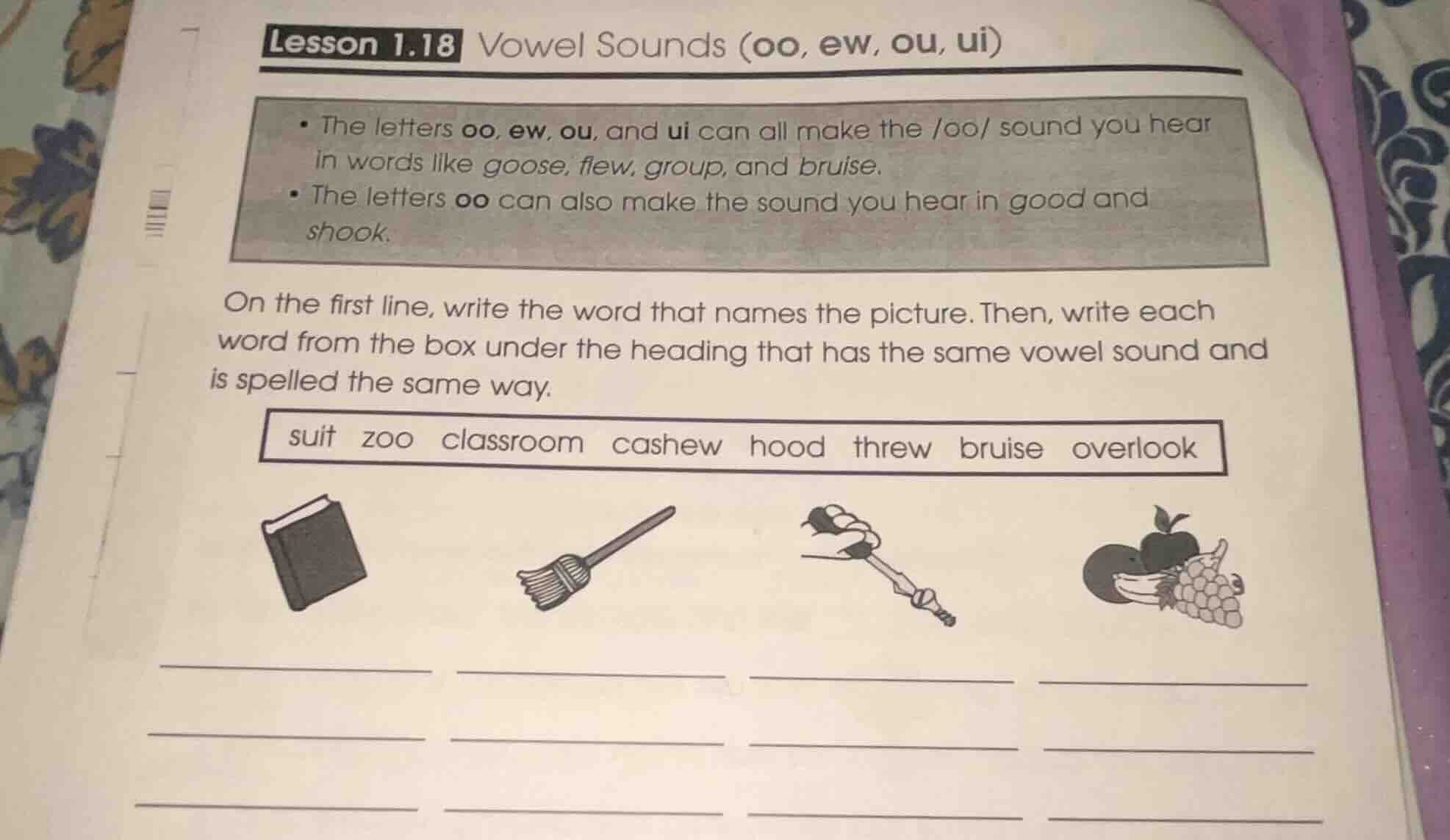 lesson 1.18 vowel sounds (oo, ew, ou, ui) - the letters oo, ew, ou, and…