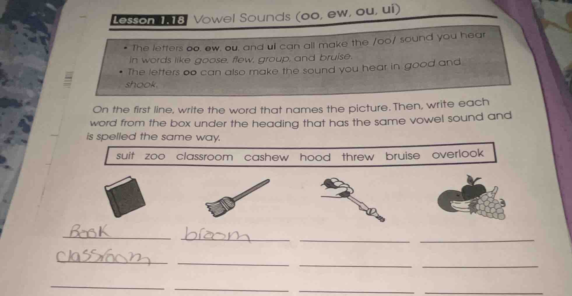 lesson 1.18 vowel sounds (oo, ew, ou, ui) - the letters oo, ew, ou, and…